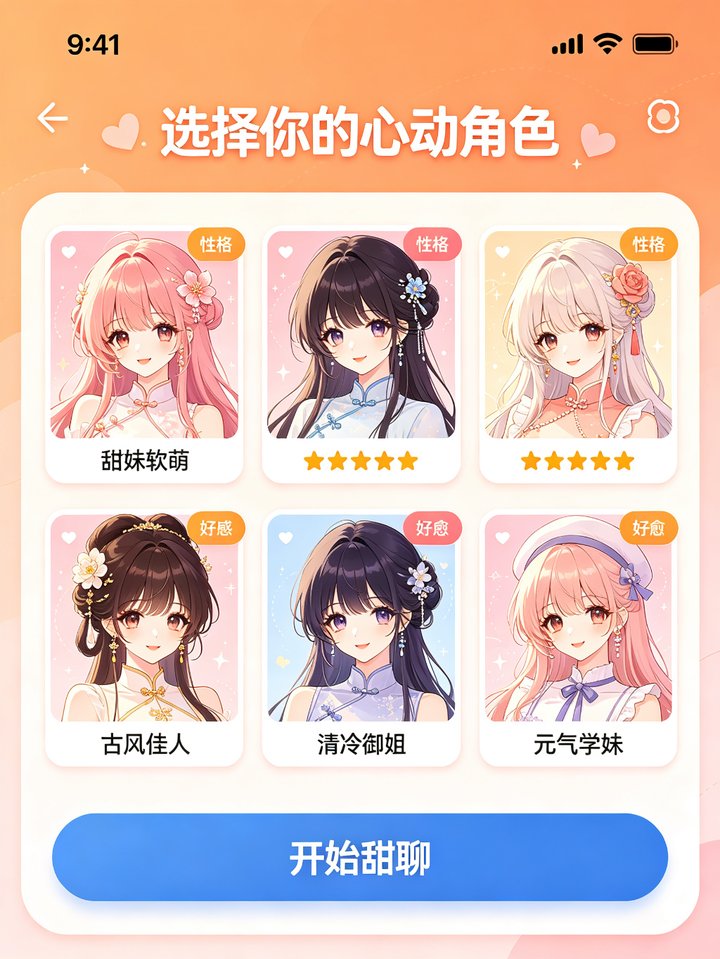 半糖ai角色选择页面截图 甜妹软萌 古风佳人 清冷御姐